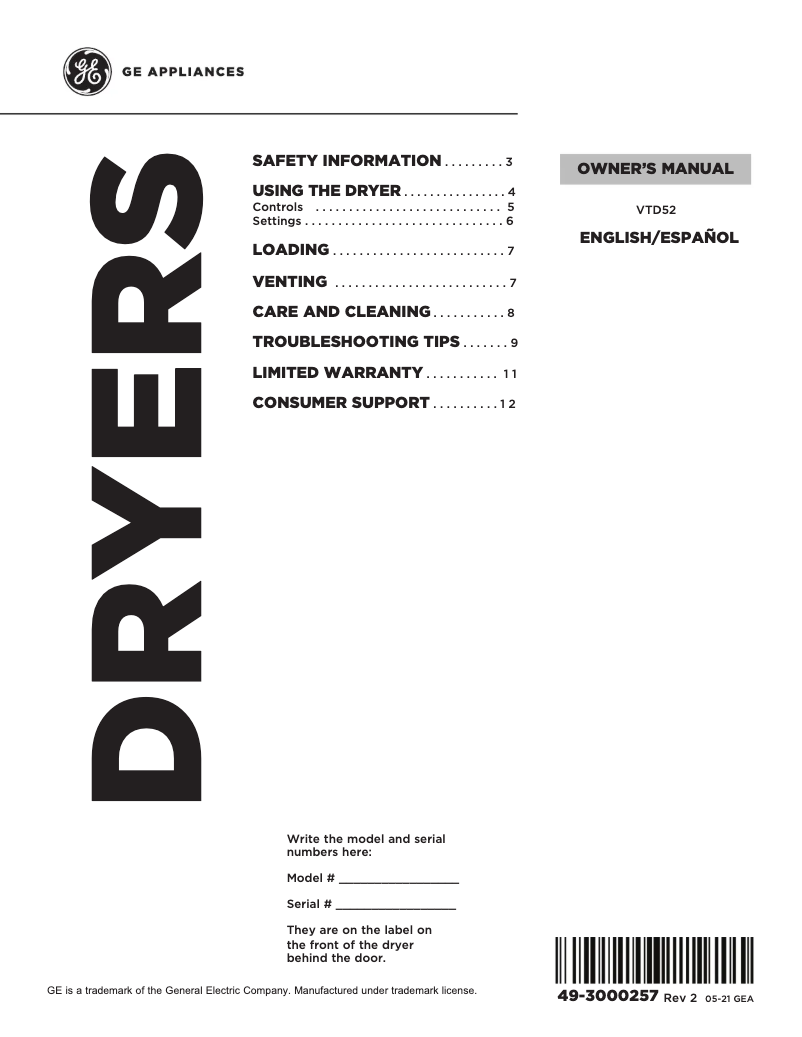 Page n°1 - Manuel d'utilisation et d'entretien GE VTD52GASRWB