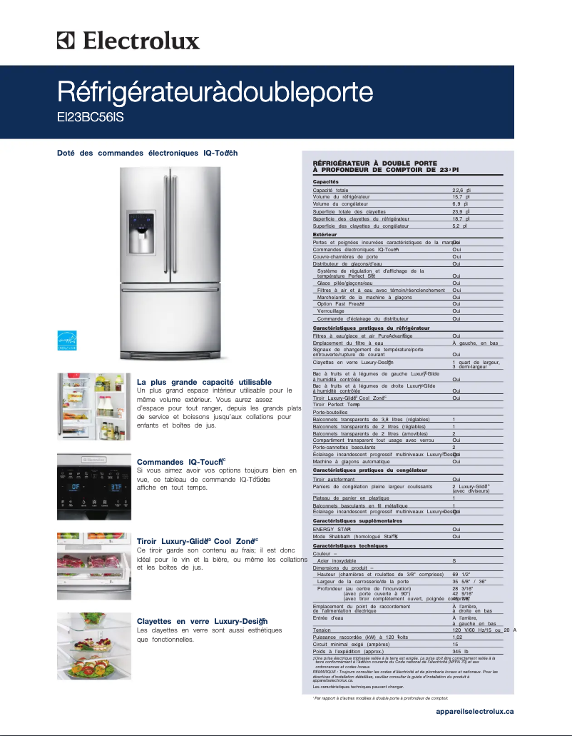 Page 1 de la notice Fiche technique Electrolux EI23BC56IW