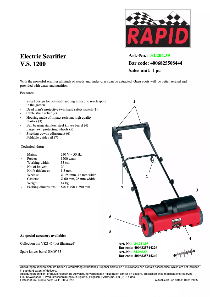 Page 1 de la notice Fiche technique Rapid V.S. 1200