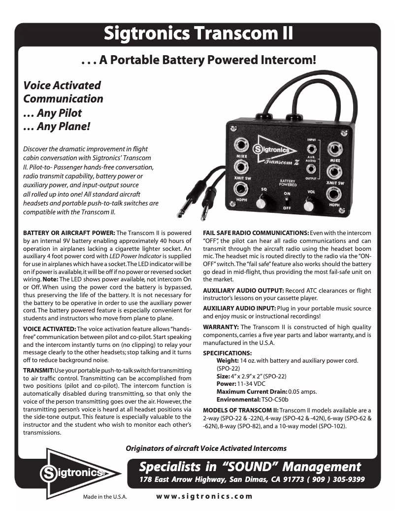 Page n°1 - Manuel utilisateur Sigtronics SPO-22