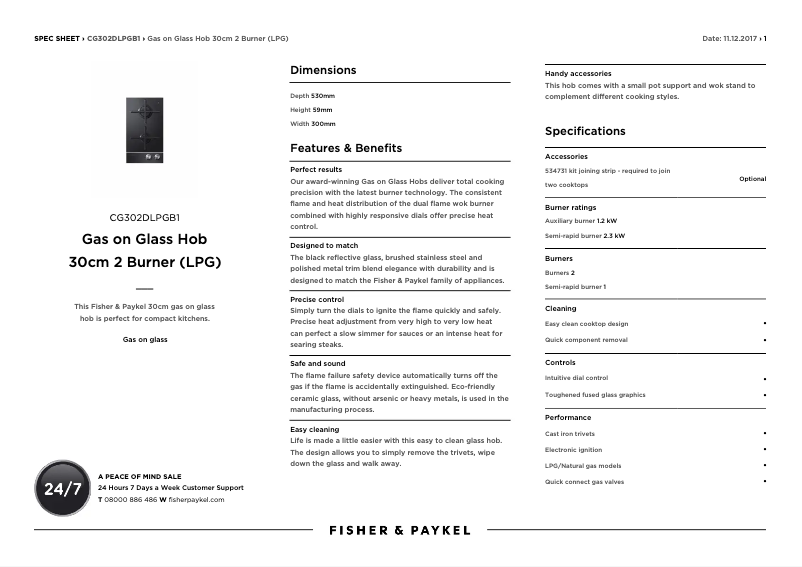 Page 1 de la notice Fiche technique Fisher & Paykel CG302DLPGB1