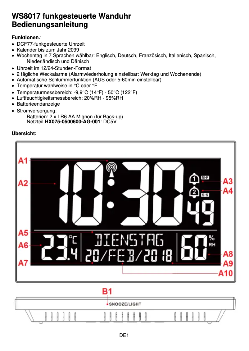 Page 1 de la notice Manuel utilisateur Techno Line WS 8017