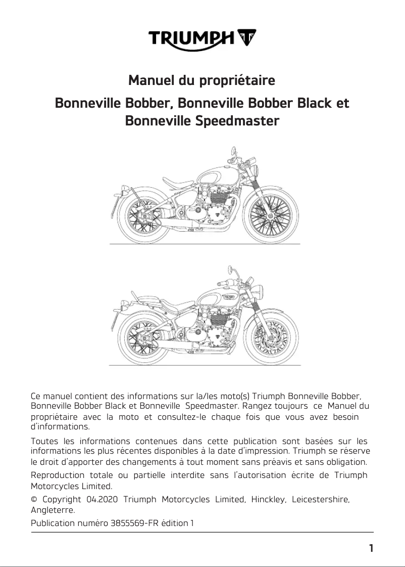 Page 1 de la notice Manuel utilisateur Triumph Bonneville Speedmaster (2020)