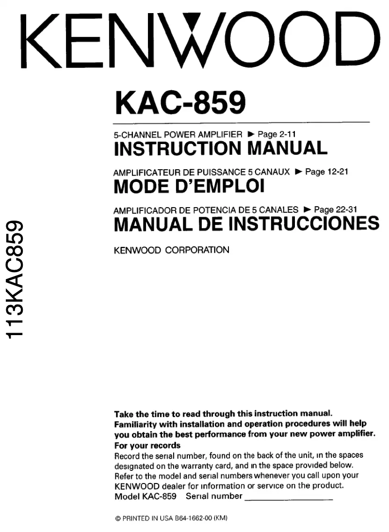 Page 1 de la notice Manuel utilisateur Kenwood KAC-859
