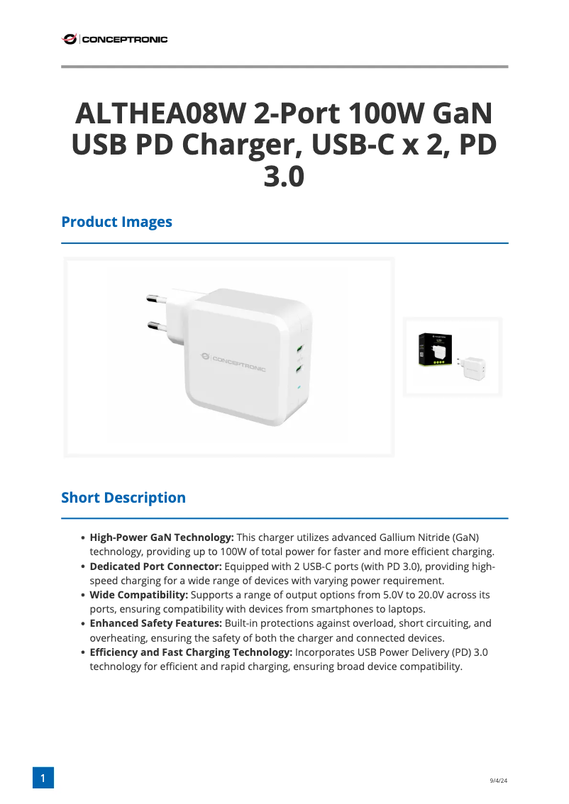 Página 1 del manual Ficha técnica Equip ALTHEA08W