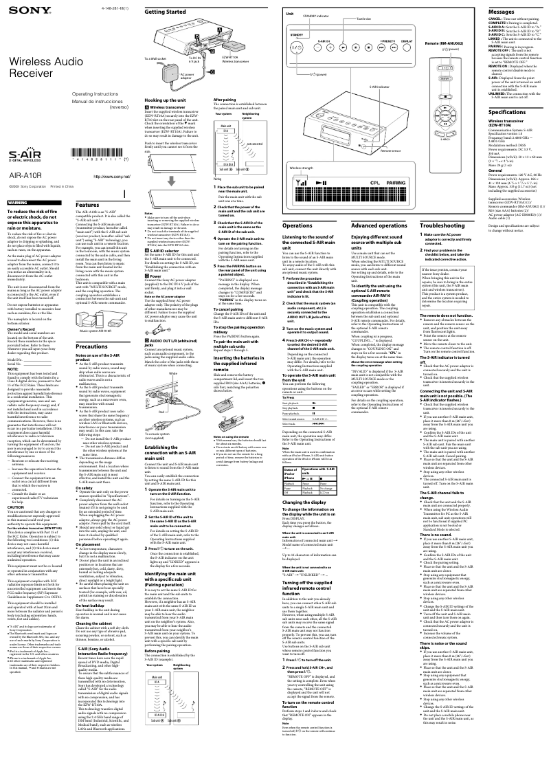 Page 1 de la notice Manuel utilisateur Sony Altus AIR-A10R