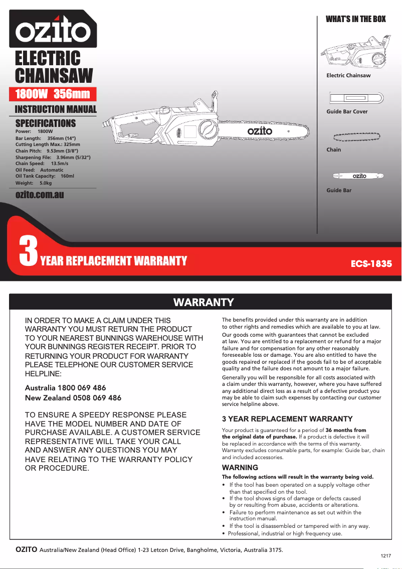 Page 1 de la notice Manuel utilisateur Ozito ECS-1835