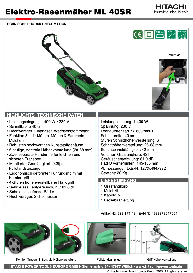 Page 1 de la notice Fiche technique Hitachi ML 40SR