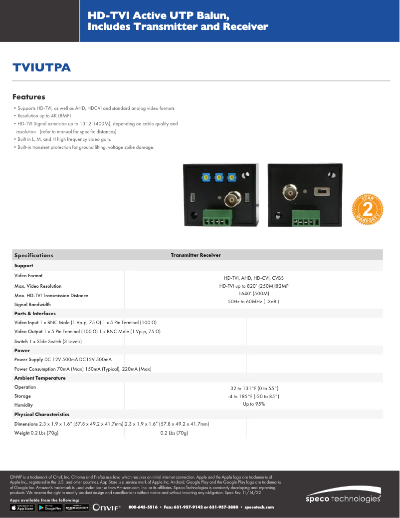 Page 1 de la notice Fiche technique Speco Technologies TVIUTPA