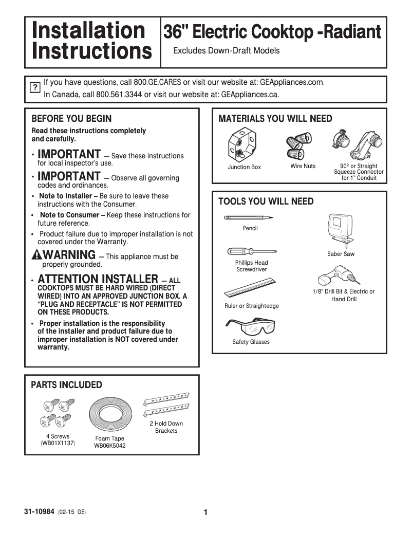 Page 1 of the manual Installation Guide GE JP5036SJSS