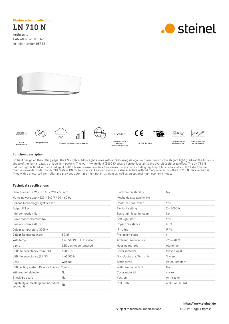 Page 1 de la notice Fiche technique Steinel LN 710 N