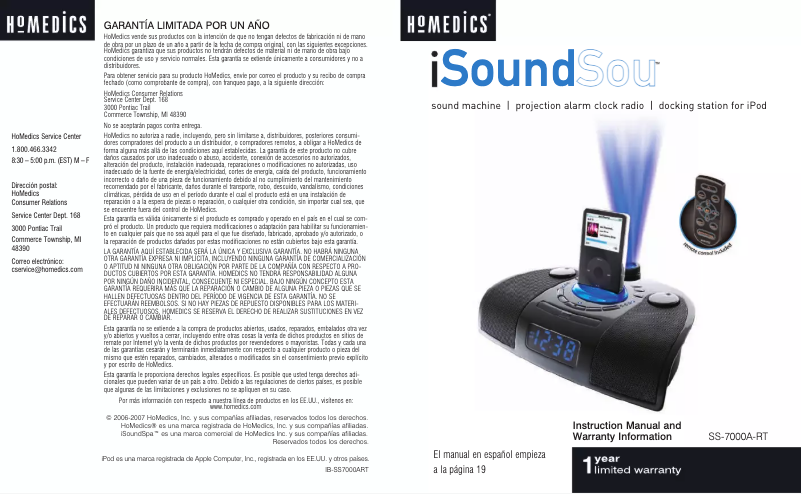 Page 1 de la notice Manuel utilisateur Homedics iSoundSpa SS-7000A-RT