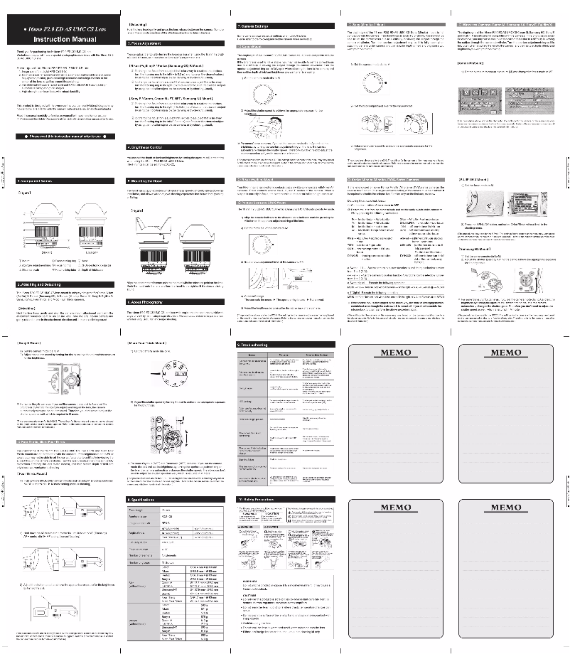 Page 1 de la notice Manuel utilisateur Samyang 16mm F2.0 ED AS UMC CS