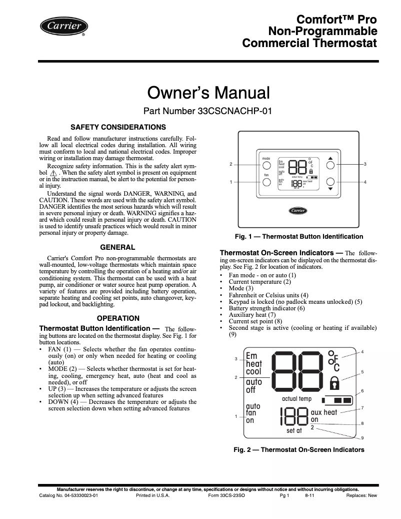 Page 1 de la notice Manuel utilisateur Carrier Comfort Pro 33CSCNACHP-01