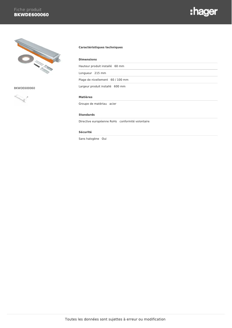 Página 1 del manual Ficha técnica Hager BKWDE600060