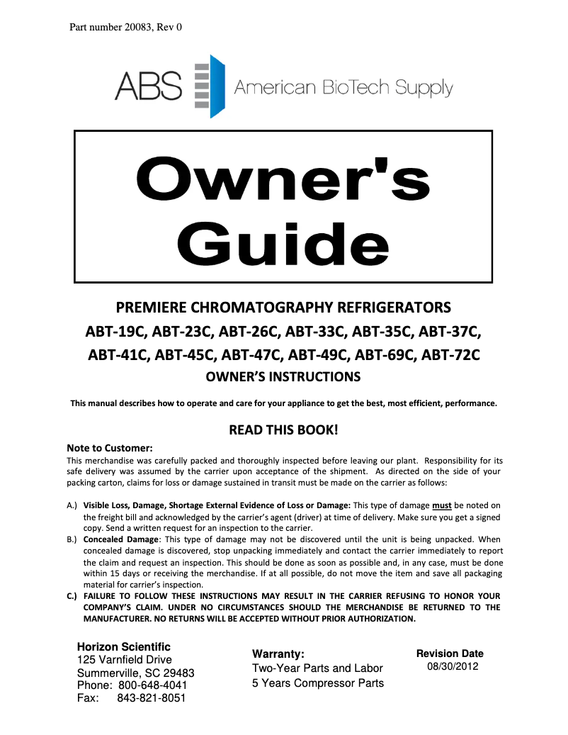 Page 1 de la notice Manuel d'utilisation et d'entretien American BioTech Supply ABT-HC-69C