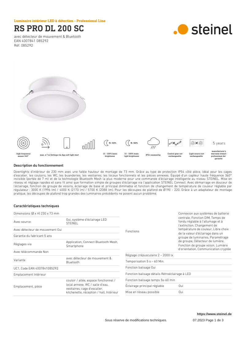 Page 1 de la notice Fiche technique Steinel RS PRO DL 200 SC