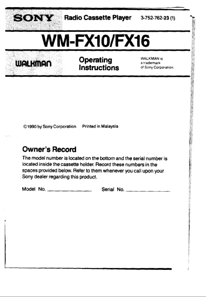 Page n°1 - Manuel utilisateur Sony Walkman WM-FX16