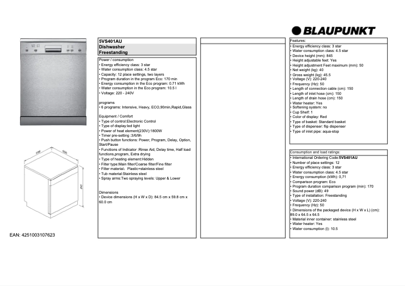 Page n°1 - Fiche technique Blaupunkt 5VS401AU
