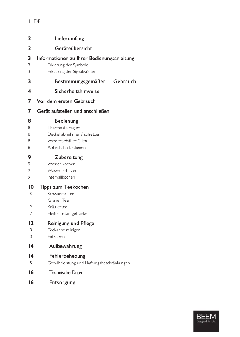 Page 1 de la notice Manuel utilisateur BEEM Tea Classic