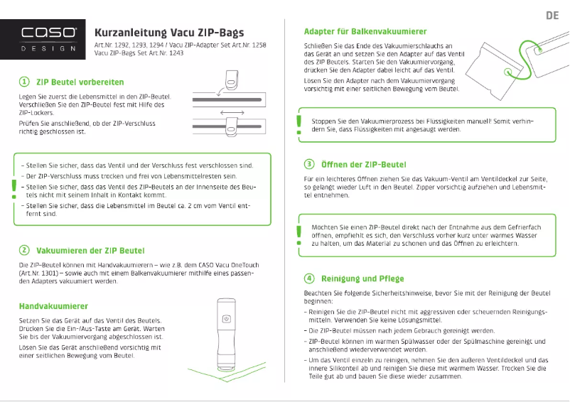 Page 1 de la notice Manuel utilisateur Caso Vacu ZIP-Adapter Set 1325