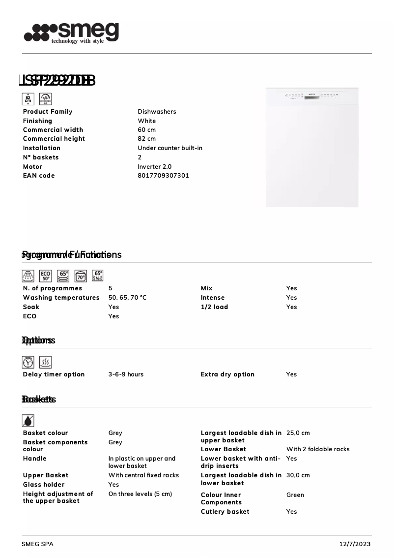 Página 1 del manual Ficha técnica Smeg LSP292DB