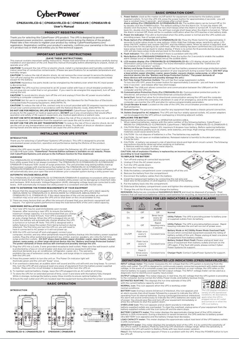 Page n°1 - Manuel utilisateur CyberPower CP685AVRLCD