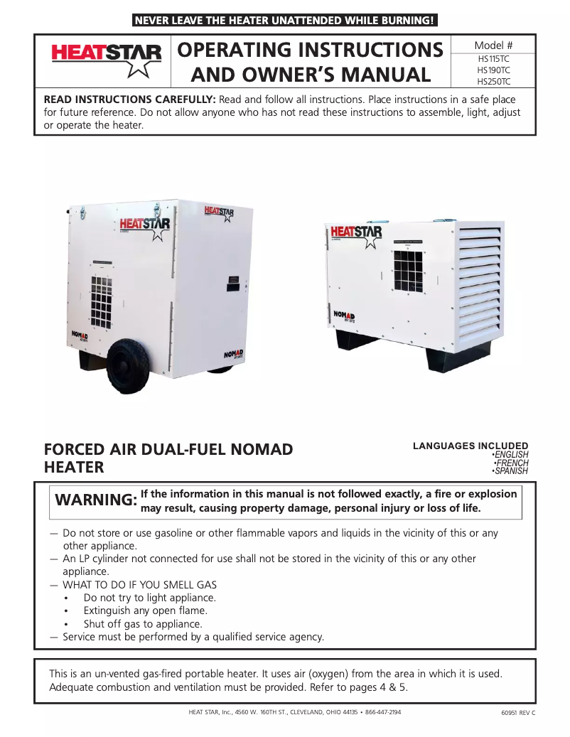 Page 1 de la notice Manuel utilisateur HeatStar Nomad HS250TC