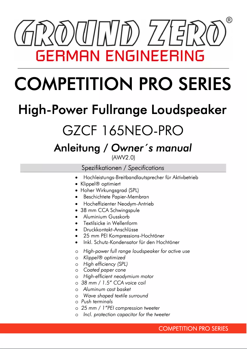 Imagen de la primera página del manual del dispositivo GZCF 165NEO-PRO