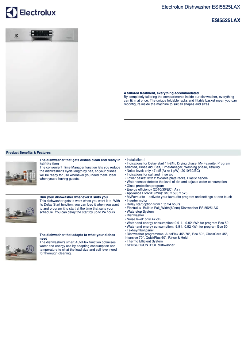 Page 1 de la notice Fiche technique Electrolux ESI5525LAX