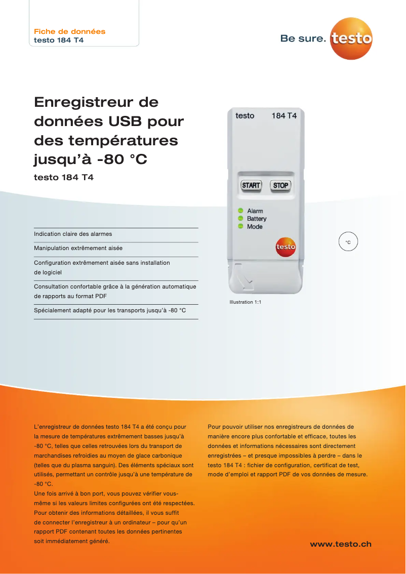 Page 1 de la notice Fiche technique Testo 184 T4