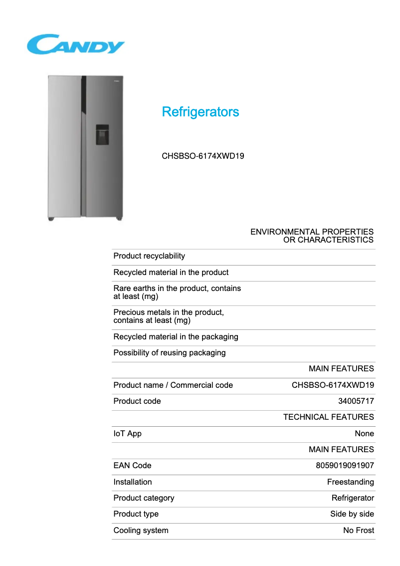 Page 1 de la notice Fiche technique Candy CHSBSO 6174XWD19