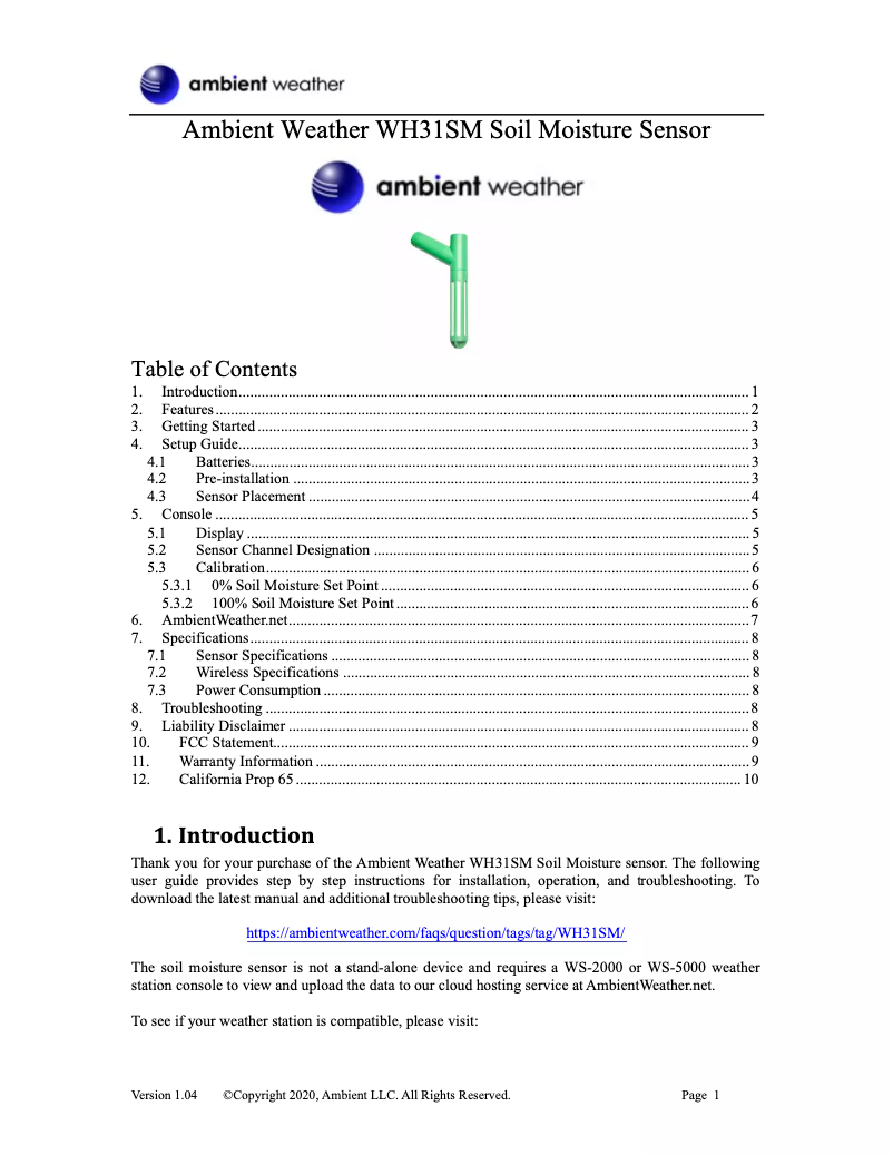 Page 1 de la notice Manuel utilisateur Ambient Weather WH31SM