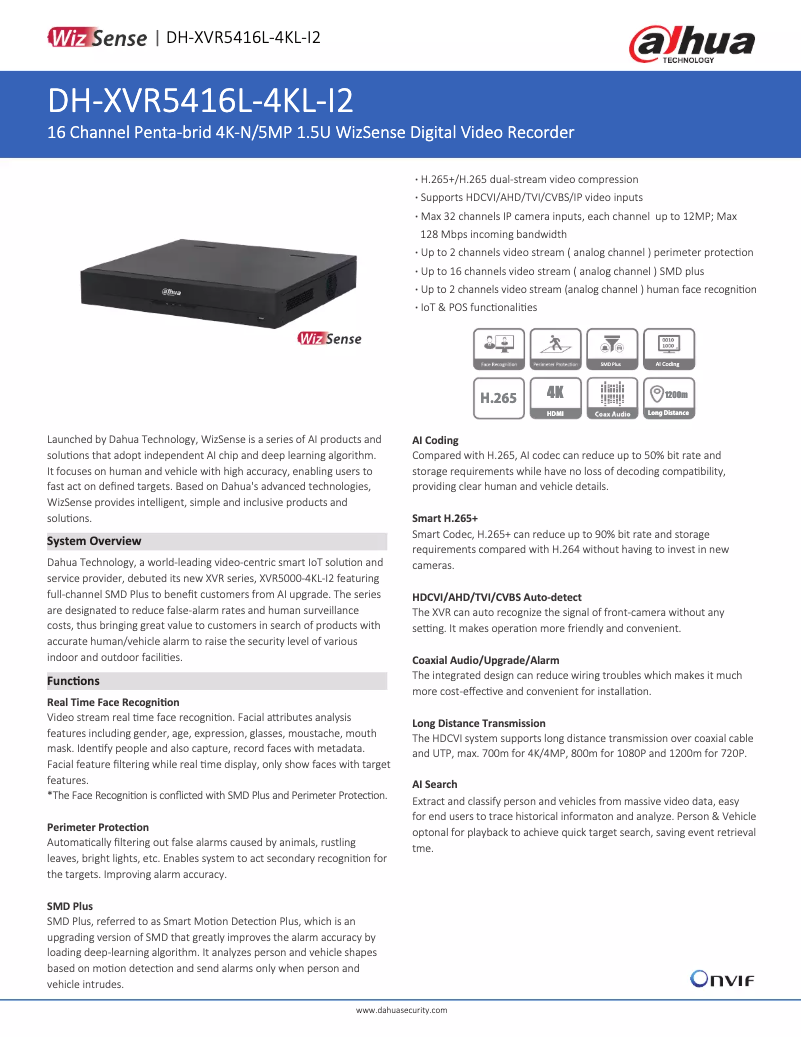 Page 1 de la notice Fiche technique Dahua Technology XVR5416L-4KL-I2