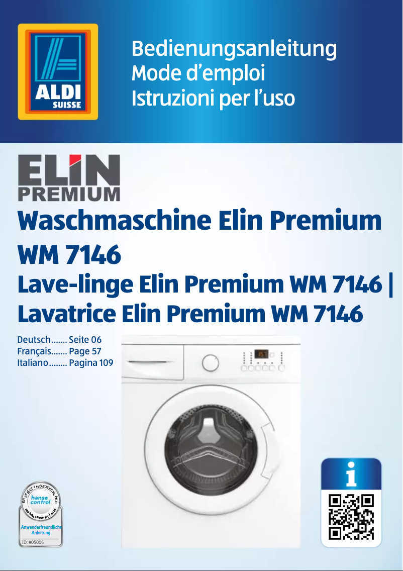 Page n°1 - Manuel utilisateur ELIN WM 7146