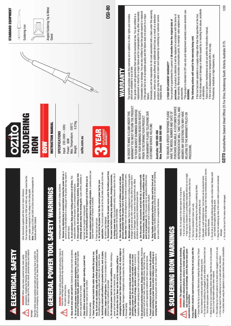 Page 1 de la notice Manuel utilisateur Ozito OSI-80