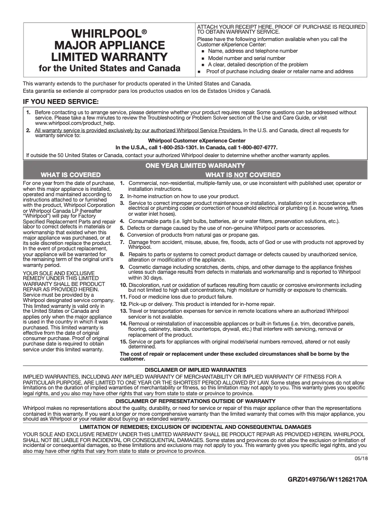 Page n°1 - Informations de garantie Maytag WVW57UC0FS