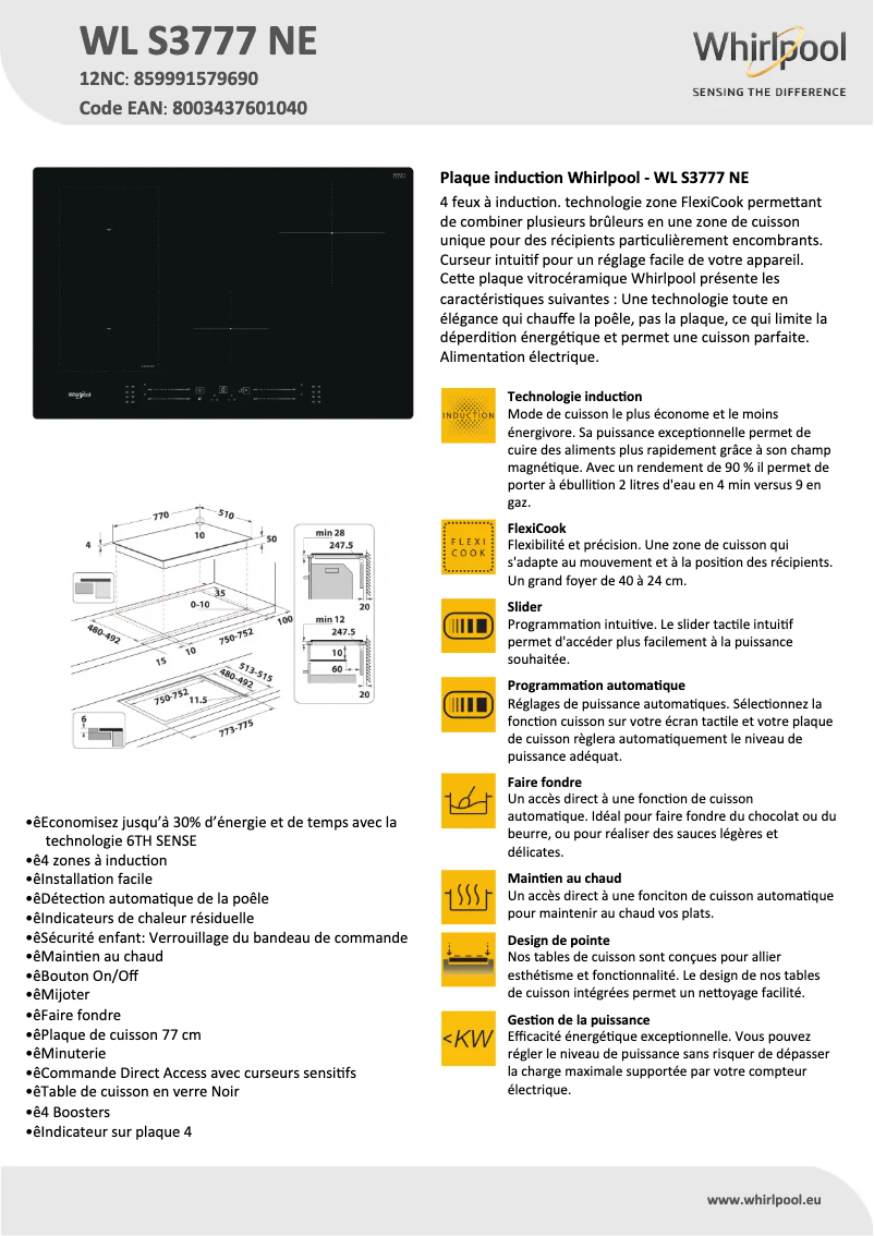 Página 1 del manual Ficha técnica Whirlpool WL S3777 NE