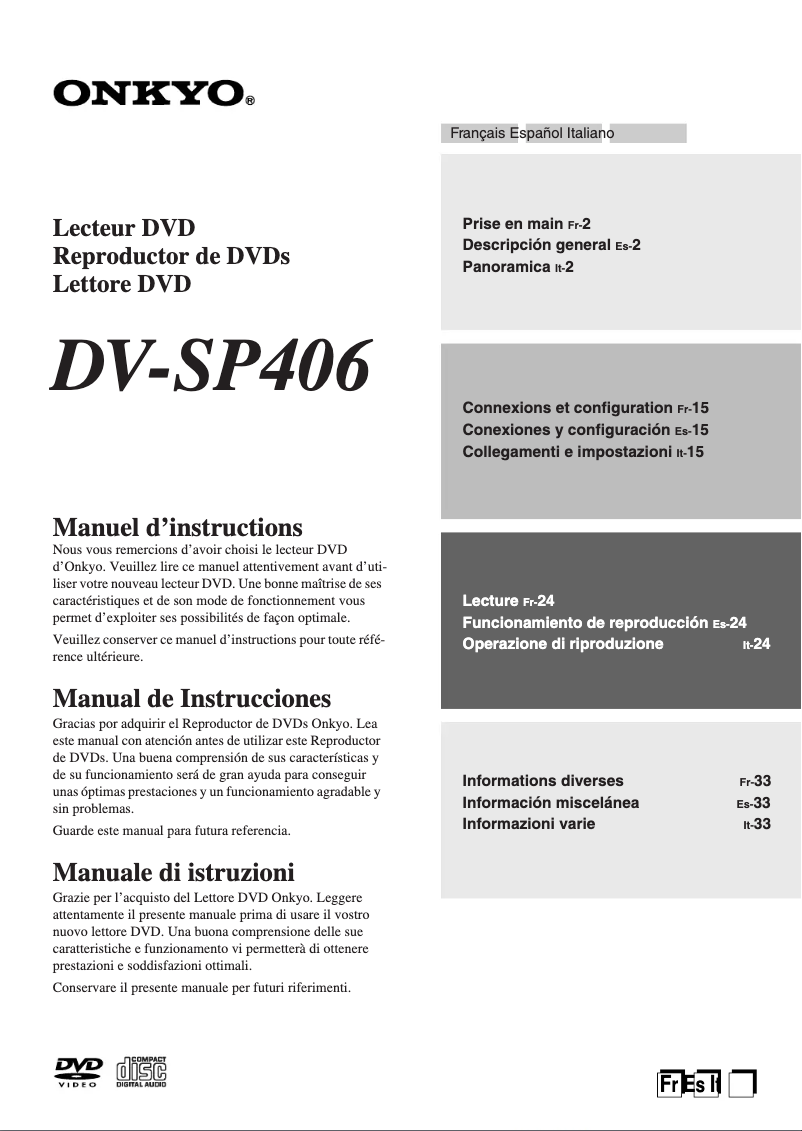Page 1 de la notice Manuel utilisateur Onkyo DV-SP406