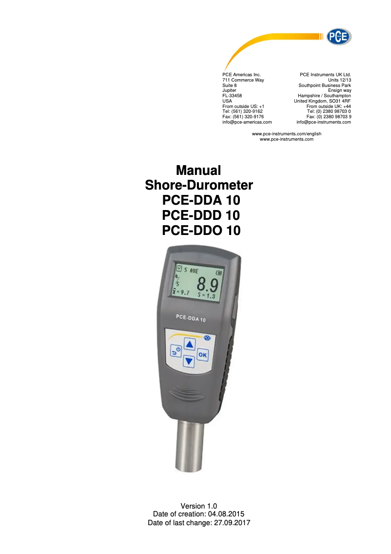Page 1 de la notice Manuel utilisateur PCE Instruments PCE-DDO 10