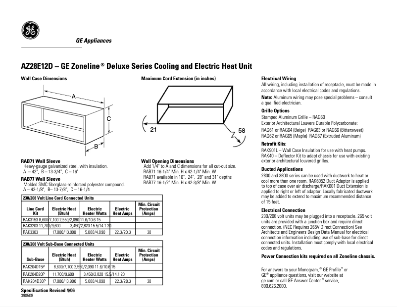 Page 1 de la notice Fiche technique GE AZ28E12DAB