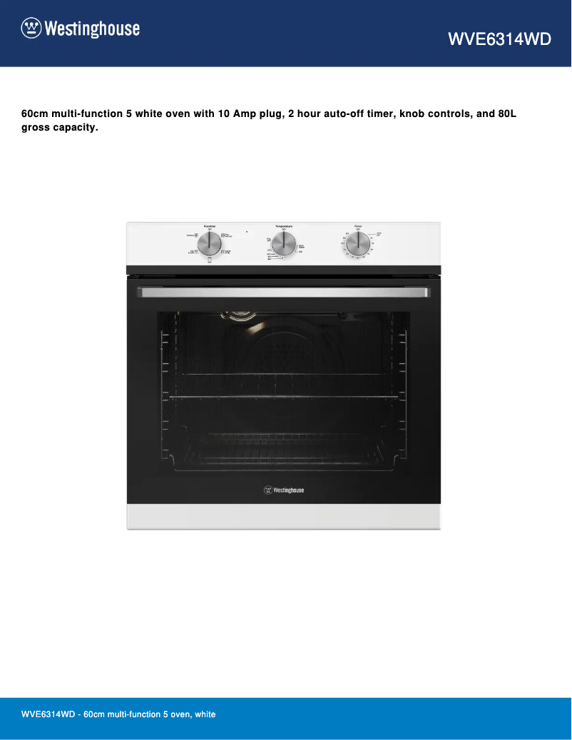 Page 1 de la notice Fiche technique Westinghouse WVE6314WD