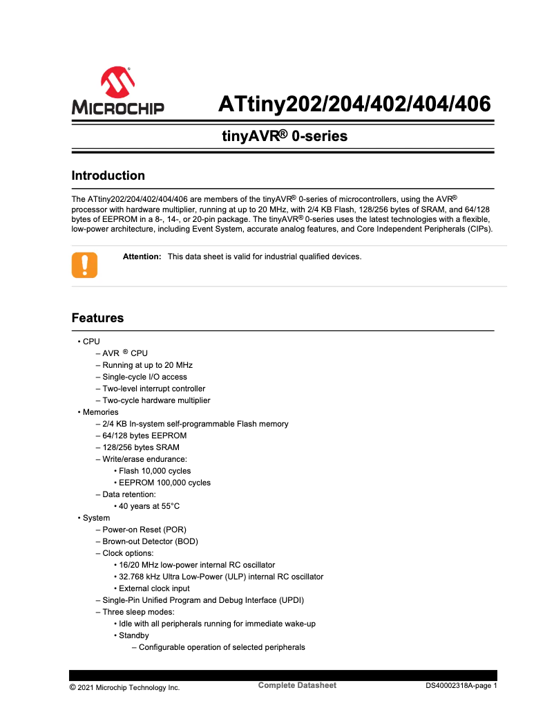 Page 1 de la notice Manuel utilisateur Microchip ATTINY404