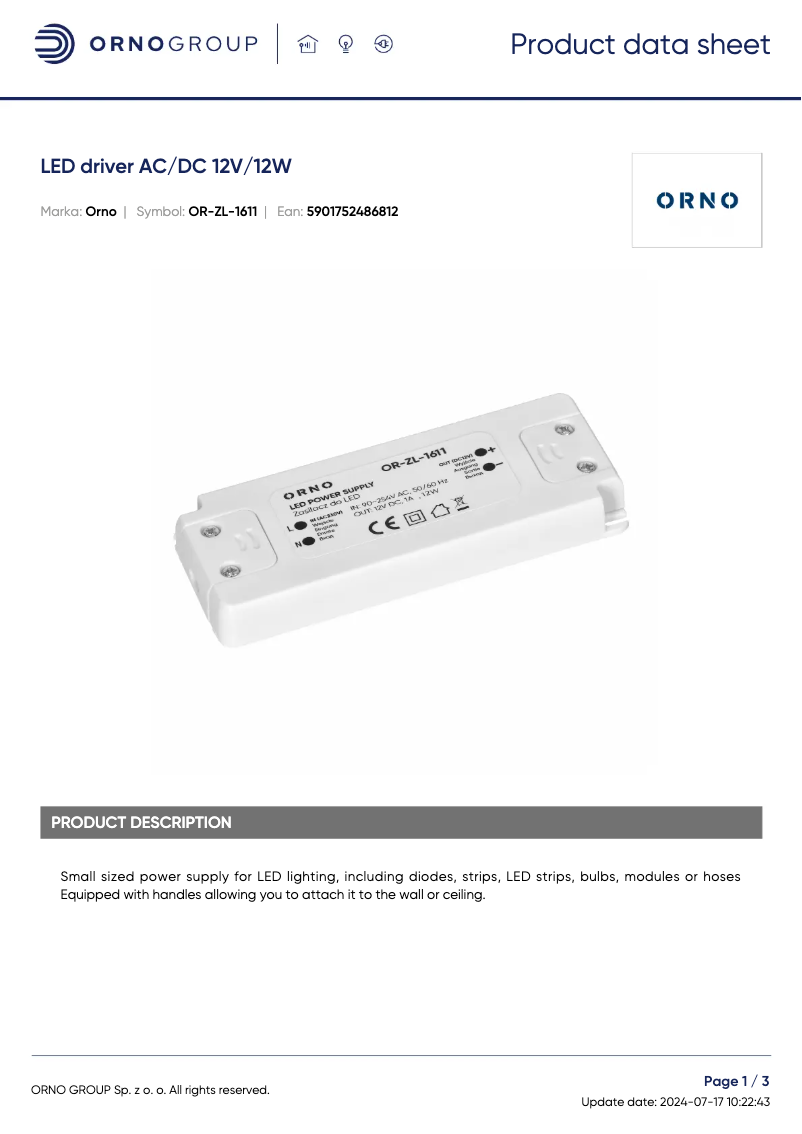 Page n°1 - Fiche technique ORNO OR-ZL-1611