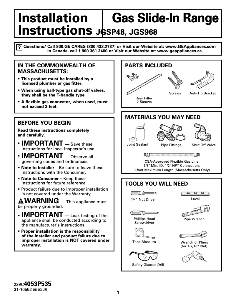 Page 1 de la notice Guide d'installation GE JGSP48BHBB