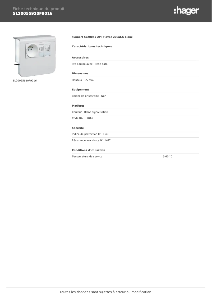 Page n°1 - Fiche technique Hager SL20055920F9016