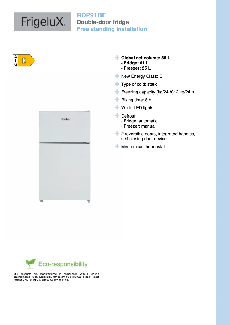 Page n°1 - Fiche technique FrigeluX RDP91BE