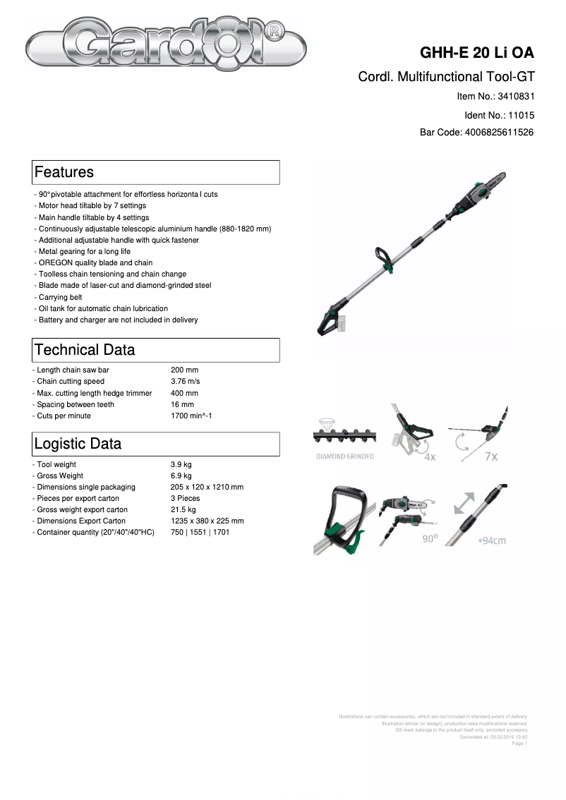Page 1 de la notice Fiche technique Gardol GHH-E 20 Li OA