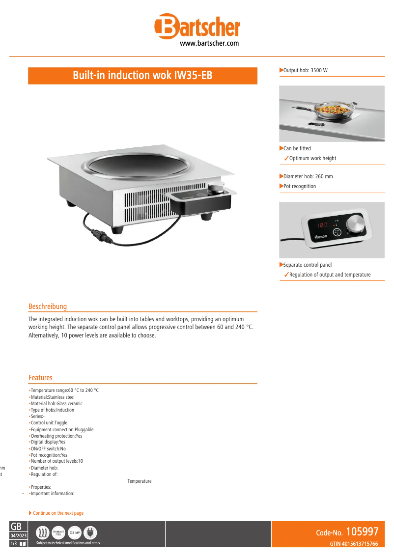 Página 1 del manual Ficha técnica Bartscher IW35-EB
