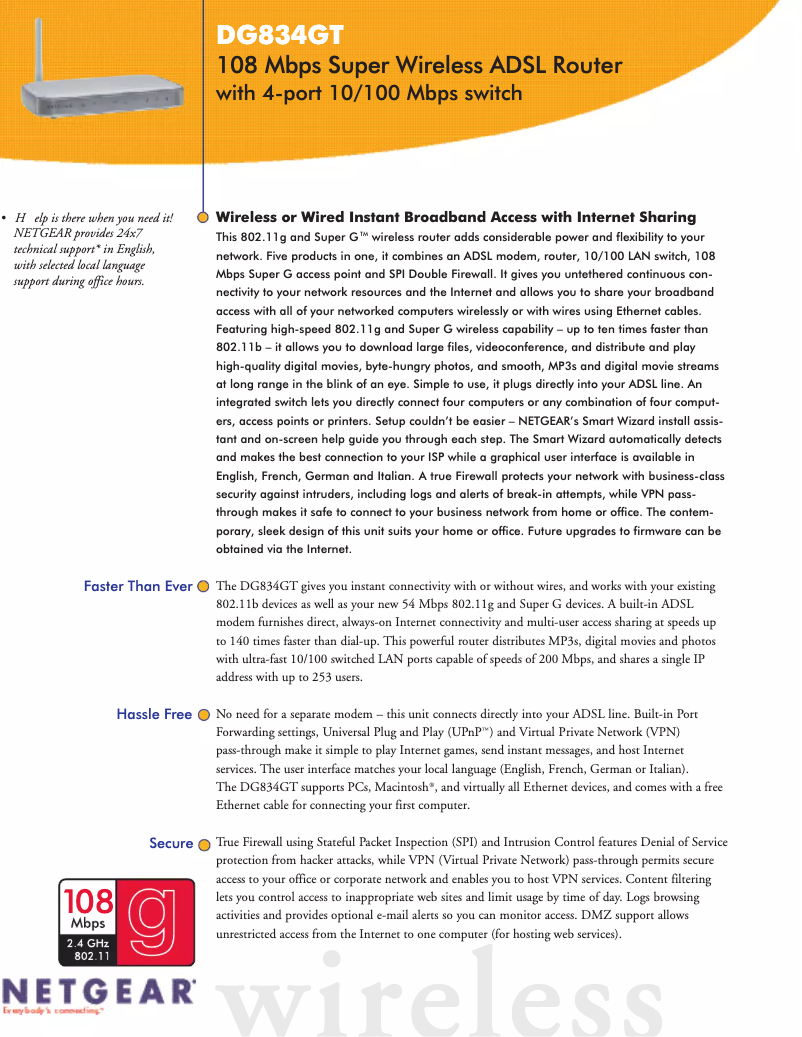 Page 1 de la notice Fiche technique Netgear DG834GT